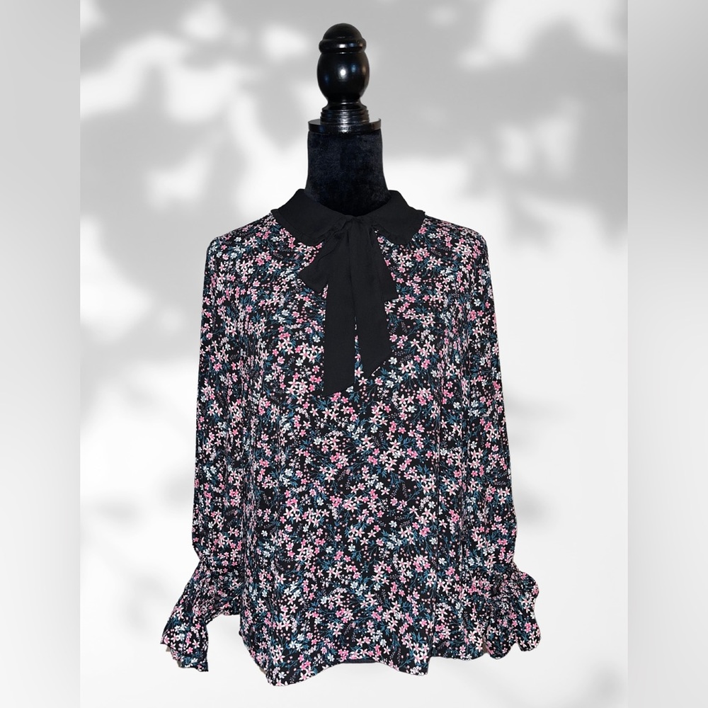 CeCe Black Floral Blouse with Pink and Blue Flowers